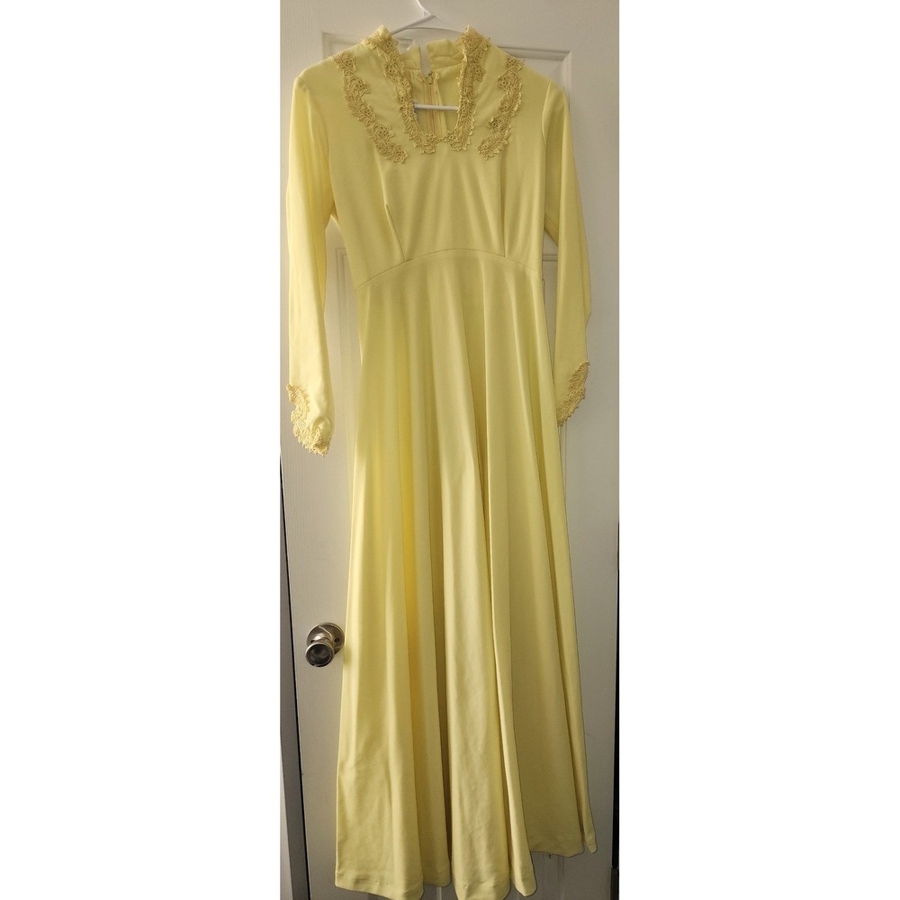 Vintage Sylvia Ann Yellow Lace Trim Maxi Dress Long Sleeve Empire Waist Gown